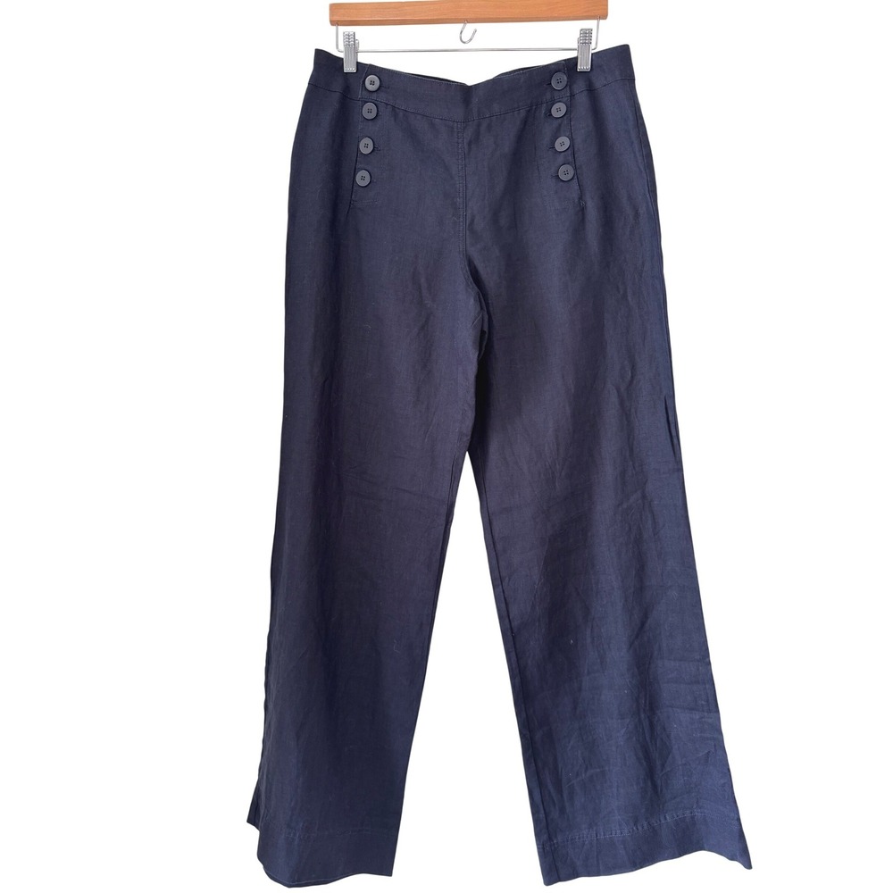 Navy Blue Linen Sailor Pant Size M Button Front Wide Leg Nautical Coastal Resort
